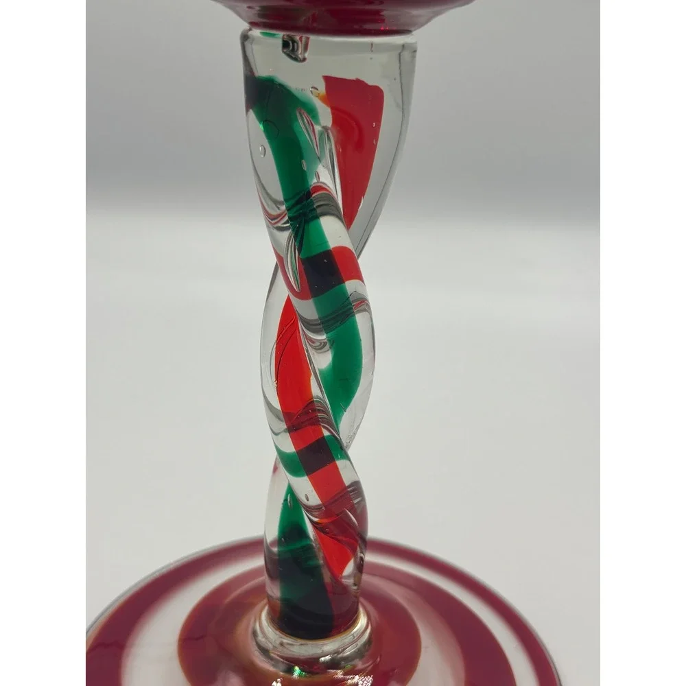 Hand Blown Poland Glass Goblet Red Green White Twisted Stem Spiral‎ Base Holiday